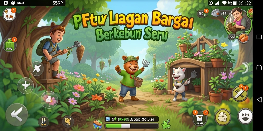 Tampilan gameplay 55RP menampilkan kebun yang subur dan beragam tanaman.