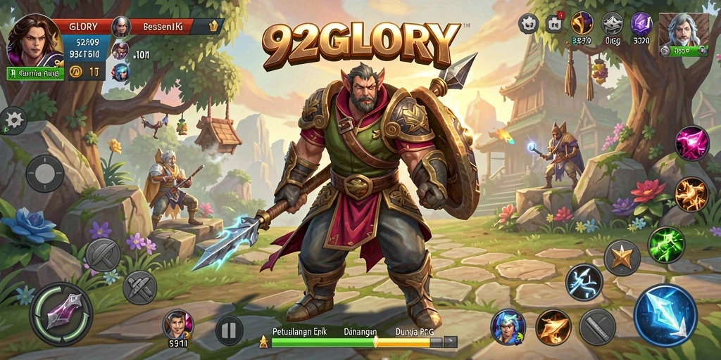 Screenshot gameplay 92GLORY menampilkan aksi pertempuran mendebarkan di dunia fantasi.