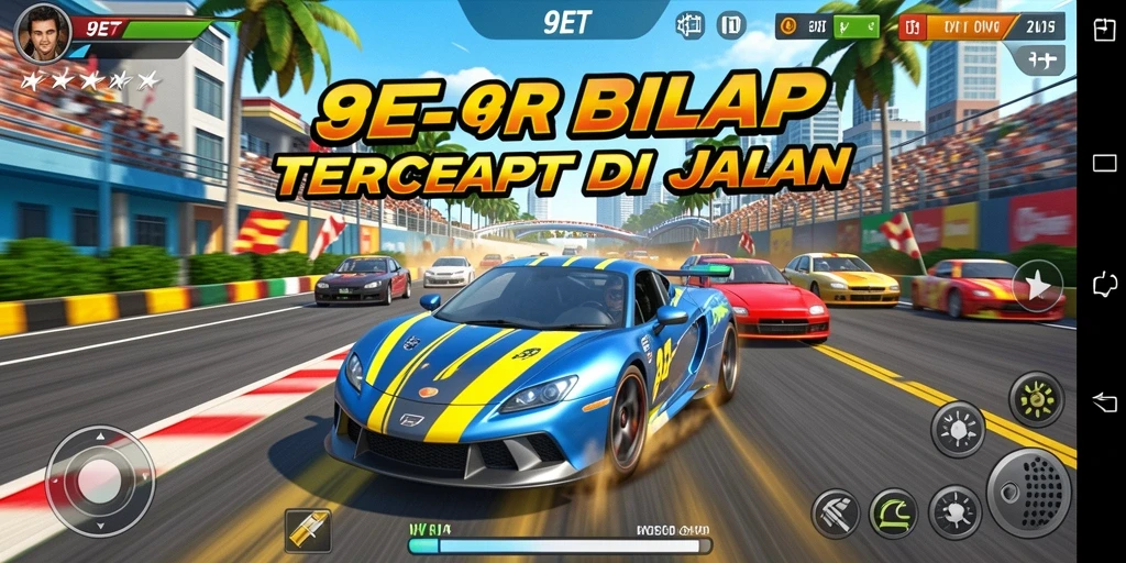 Screenshot gameplay 9ET yang menunjukkan aksi balapan mendebarkan.