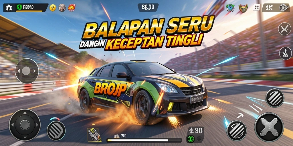 Tampilan balapan seru dalam BROJP dengan mobil berkecepatan tinggi.