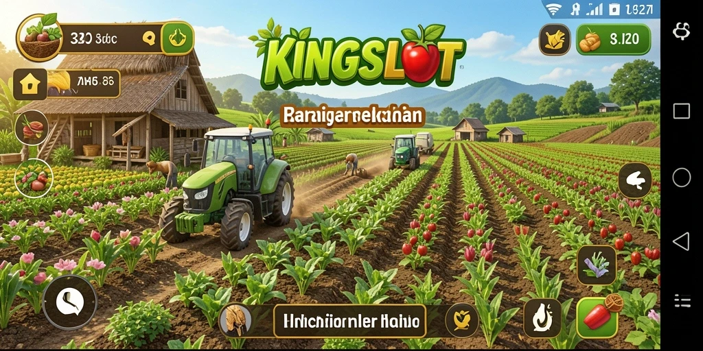 Screenshot gameplay KINGSLOT menampilkan petak lahan pertanian yang hijau dan subur.