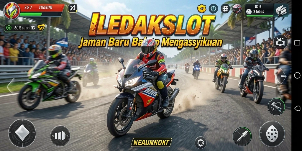 Screenshot gameplay LEDAKSLOT menunjukkan adrenalin balapan motor yang mendebarkan.